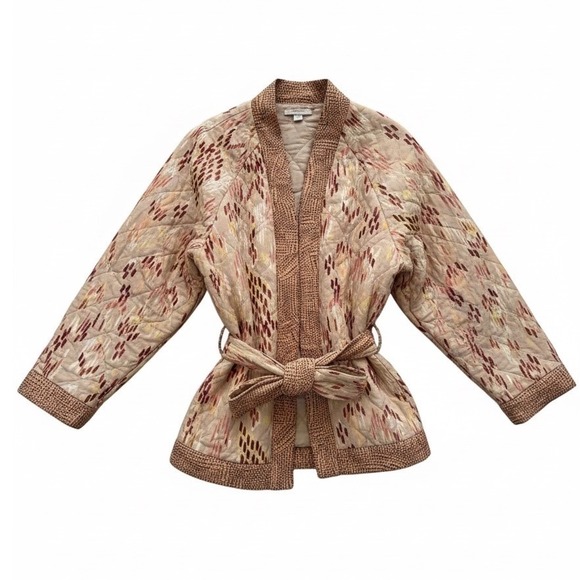 KNOX ROSE Quilted Kimono Jacket Beige Floral Print Belted Lightweight Women's XL - Picture 2 of 5